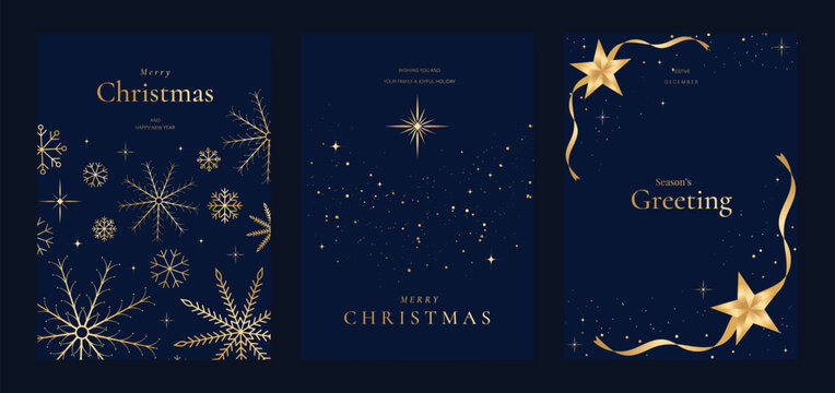 Navy blue Christmas and Happy New Year card vector. Winter Star ,Night  sky, leaves branch, snow flake with gold foil texture on white background. Illustration for cover, print, poster, invitation.