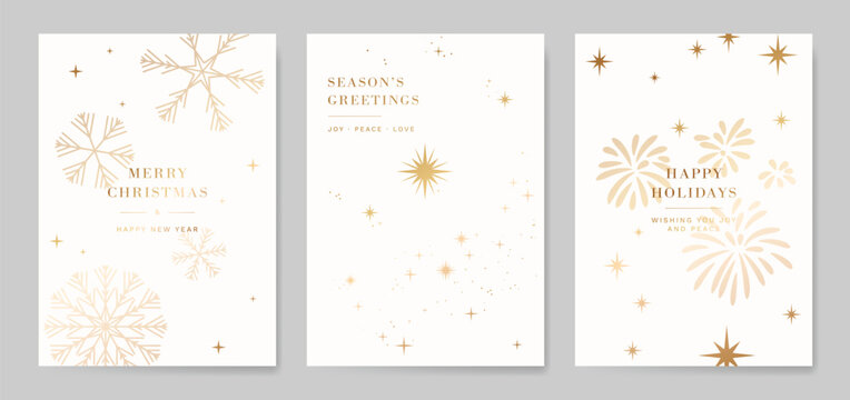 White Christmas and Happy New Year card vector. Winter Star ,Night  sky, leaves branch, snow flake with gold foil texture on white background. Illustration for cover, print, poster, invitation.