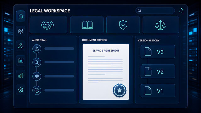 Digital legal workspace interface with document preview