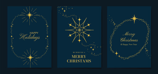Obraz premium Navy blue Christmas and Happy New Year card vector. Winter Star ,Night sky, leaves branch, snow flake with gold foil texture on white background. Illustration for cover, print, poster, invitation.