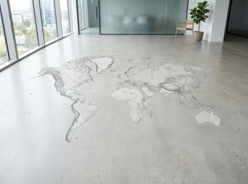 World Map Outline Drawn on Polished Concrete Floor in Modern Office Space.