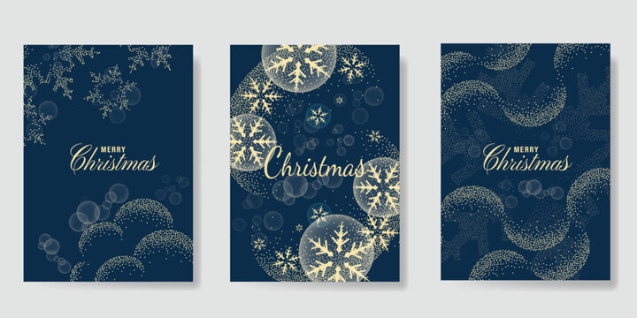 Navy blue Christmas and Happy New Year card vector. Winter Star ,Night  sky, leaves branch, snow flake with gold foil texture on white background. Illustration for cover, print, poster, invitation.