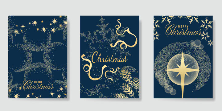 Navy blue Christmas and Happy New Year card vector. Winter Star ,Night  sky, leaves branch, snow flake with gold foil texture on white background. Illustration for cover, print, poster, invitation.