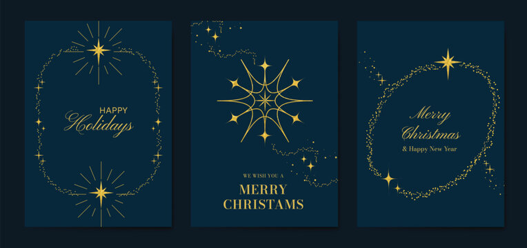 Navy blue Christmas and Happy New Year card vector. Winter Star ,Night  sky, leaves branch, snow flake with gold foil texture on white background. Illustration for cover, print, poster, invitation.