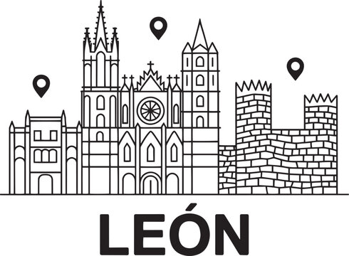 Minimalist line art illustration of the leon city skyline in spain featuring iconic landmarks and map pins
