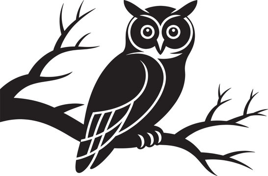Wise owl silhouette sitting on tree branch for mysterious nature forest night landscape design vector.