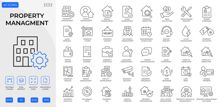 Property Management Icon Set, Facility Management, Real Estate, Rental, Tenant, Lease and Housing Line Icons