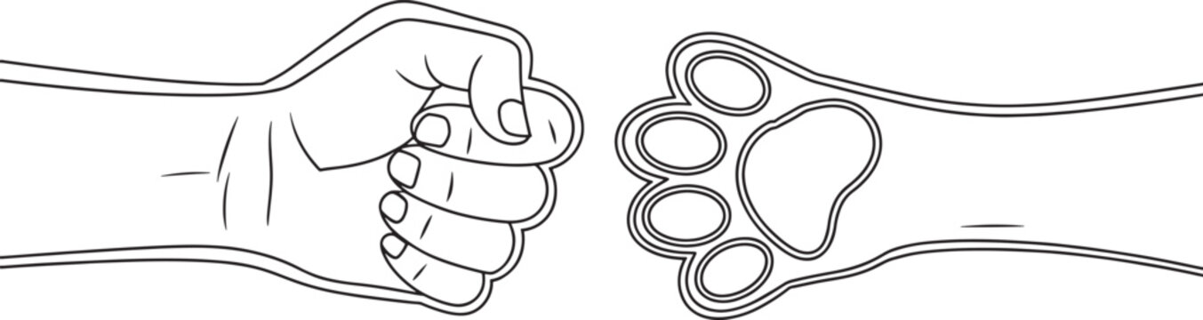 Human hand fist bump with dog paw symbol representing friendship connection and interspecies bond.