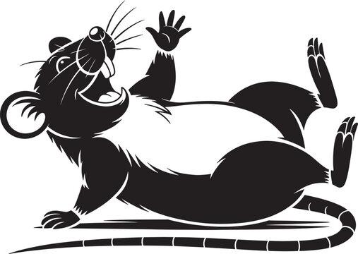 Laughing rat cartoon character lying on back happy rodent vector silhouette playful animal illustration.