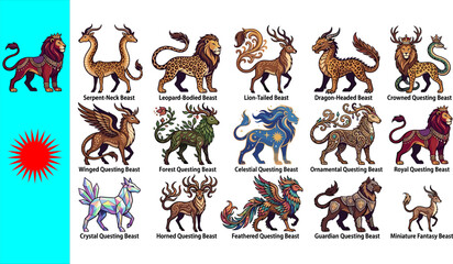 Obraz premium Collection of fifteen fantasy questing beasts featuring Serpent-Neck Leopard-Bodied Lion-Tailed Dragon-Headed Crowned Winged Forest Celestial Ornamental Royal Crystal Horned Feathered