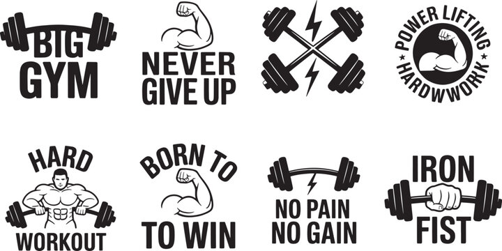 Gym fitness motivation labels with heavy barbells strong bicep muscles and athletic powerlifters set.