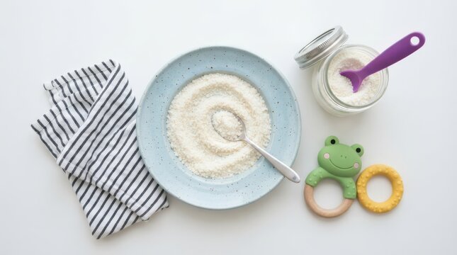 Baby cereal or formula powder in a blue bowl with a spoon, jar, striped cloth, and frog teether isolated on white background