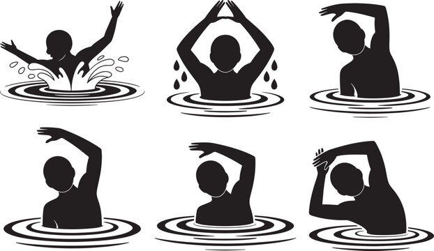 Swimming poses and water safety silhouette set featuring man in various aquatic movements and signs.