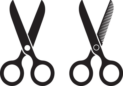 Black scissors for cutting hair and fabric pair of shears one with comb edge for grooming.