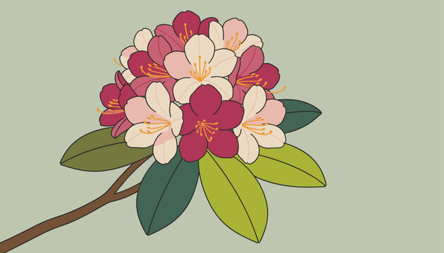 Beautiful illustration of a blooming pink and white rhododendron flower cluster on a leafy branch over a sage green backdrop.