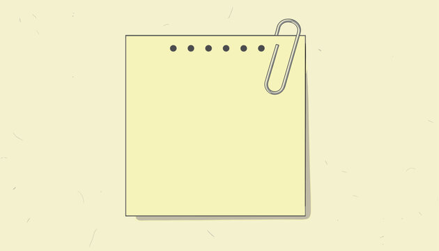 Blank yellow sticky note pad with a silver metallic paperclip positioned in the top right corner over a cream background.