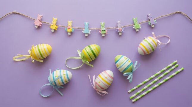 Easter decorations with colorful eggs, bunny clothespins on string, and striped straws on purple background
