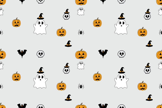 Light grey Halloween seamless pattern with witch hat ghosts, orange pumpkins, skulls, bats and spiders.
