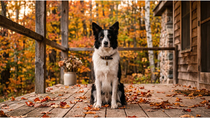 Obraz premium Cute Border Collie sitting on rustic wooden deck, autumn leaves scattered on floor, black and white dog in front of cabin, beautiful fall foliage background, outdoor pet portrait in village
