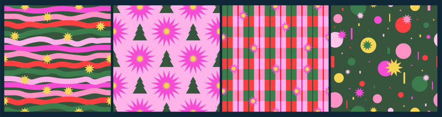 Obraz premium Set of holiday seamless patterns. Christmas, New Year colorful bright design with stripes, trees, stars, confetti. Endless repeat wallpaper, wrapping paper, background. 