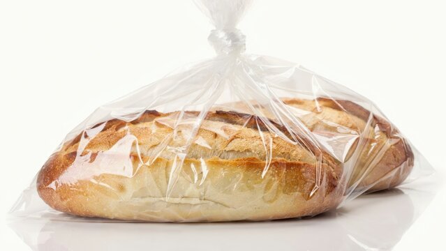 Fresh artisan loaves of crusty bread packed in a clear plastic bag isolated on white background. Retail bakery product concept for grocery stores.