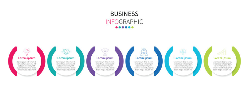 6 Options Curved Segment Process Diagram, Arc Border Circle Business Infographic Vector. Steps Horizontal Bracket Circle Timeline Infographic. Vector illustration