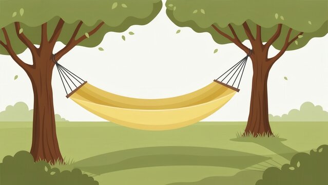 A yellow hammock hangs between two trees in a green summer park. Vector illustration depicting relaxation and vacation lifestyle concepts.
