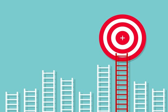 Ladders at different heights with one ladder reaching a target. Business progress, goal achievement, competition, ambition, and different paths to success