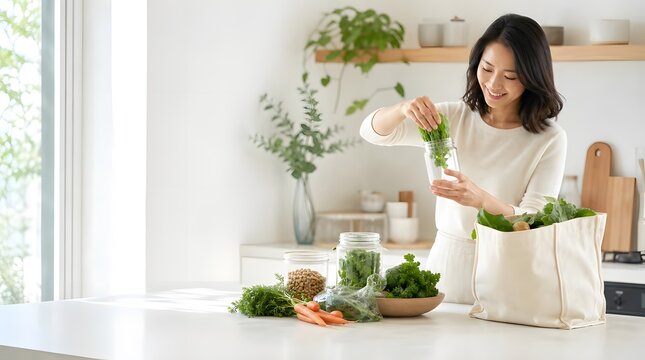 Smiling Asian woman storing fresh greens into glass jar at kitchen, AI Generated