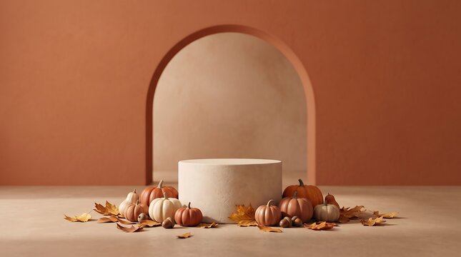 Minimalist product display podium with autumn pumpkins and dried leaves for seasonal retail marketing
