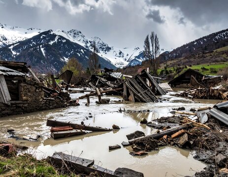 Total Destruction of a Mountain Village After a Massive Flood