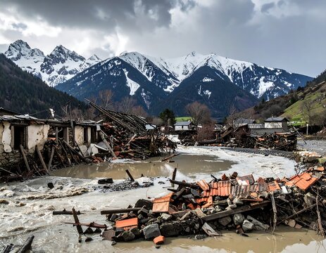 Total Destruction of a Mountain Village After a Massive Flood