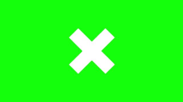White cross mark icon isolated on vibrant green screen background, simple geometric symbol