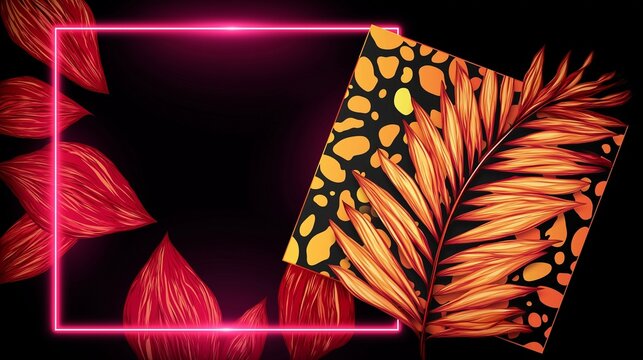 Glowing pink neon rectangular frame with orange tropical palm leaf and leopard pattern square on dark black background