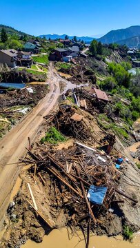 Aerial Top Down Photograph Showing Destruction After Mountain Disaster
