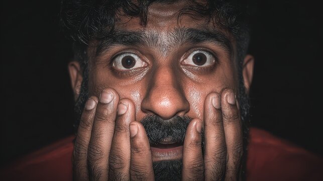 Close up of a terrified man with hands to face, expressing extreme fear