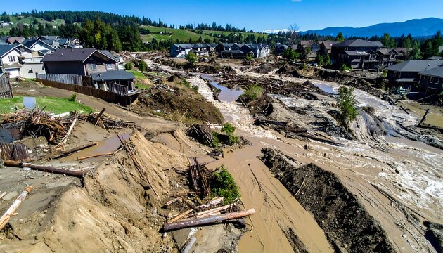 Aerial Top Down Photograph Showing Destruction After Mountain Disaster