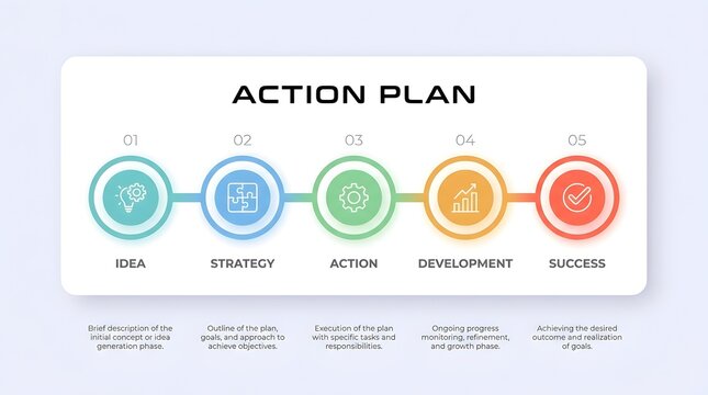 Action plan infographic with five steps from idea to success