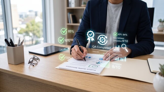 Project manager reviewing quality assurance checklist with futuristic hologram interface icons, digital data validation kpi metrics overlay, modern office workspace with tablet
