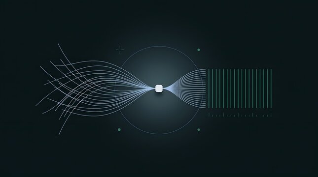 Data structuring and transformation diagram illustrating complex chaotic inputs converting into organized analytics output