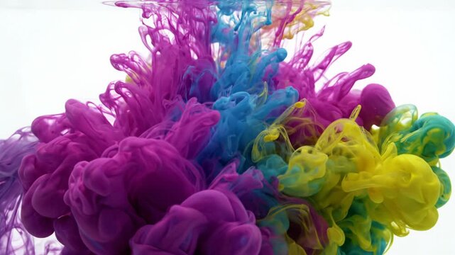 Abstract ink color explosion water splash liquid art swirl. Vibrant paint clouds magenta cyan yellow dynamic visual joy creativity energetic fluid motion purple blue blending harmoniously