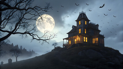 Fototapeta premium Spooky Victorian mansion on a misty hill under a full moon with flying bats at night.