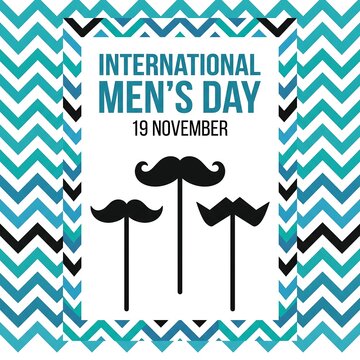International mens day greeting card design with black mustache silhouettes and blue chevron background