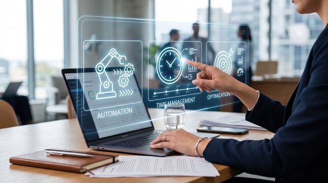 Professional woman interacting with a futuristic transparent holographic interface above a laptop, selecting icons for automation, time management, and optimization