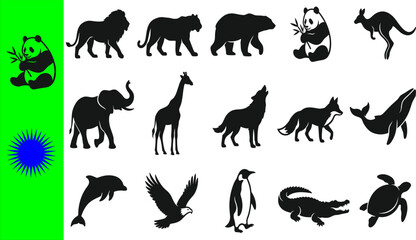 Obraz premium Collection of fifteen black wildlife silhouettes featuring lion puma bear panda kangaroo elephant giraffe wolf fox whale dolphin eagle penguin crocodile turtle with green banner
