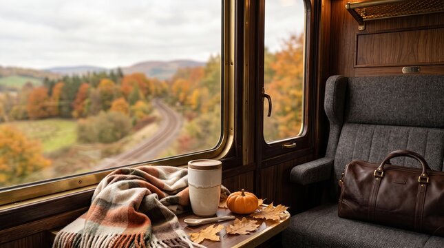 Autumn train window view with plaid blanket, coffee cup and leather bag