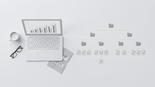 Organizational Structure and Cloud Directory Architecture Hierarchy Concept on Minimalist White Business Desk