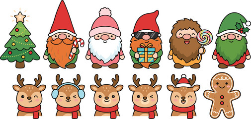 Fototapeta premium Cute Christmas gnome and reindeer character collection with Santa hats, Christmas tree, candy canes, gift box, lollipop and gingerbread man