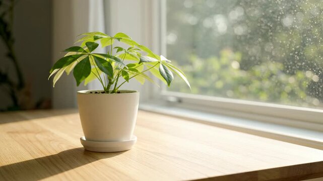 Vibrant Green Potted Plant on Windowsill, Bathed in Gentle Sunlight Natures Freshness, Growth, and Calmness. Explore Lush Foliage and Serene Beauty Bringing Tranquility Indoors