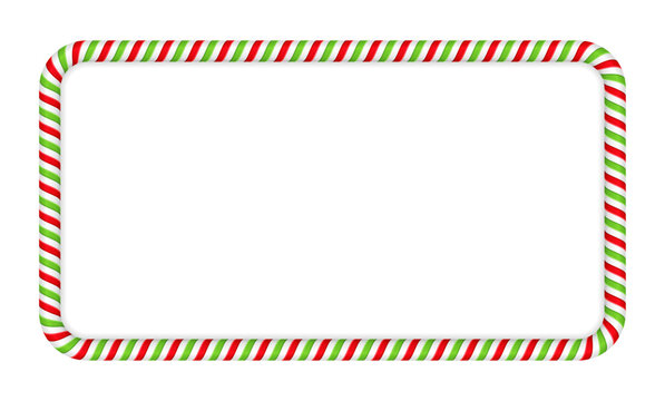 Christmas candy cane striped frame. Realistic red, green and white candy cane rectangle border. Festive sweet ornament for greeting card, banner or menu. Vector illustration